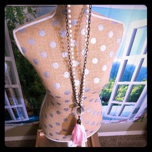 Pink tassel necklace with Breast Cancer symbol